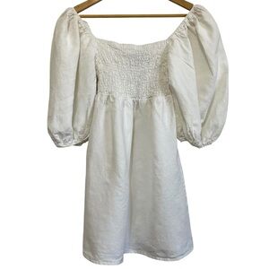 Tuckernuck Annie Smocked Puff Sleeve Linen Mini Dress Square Neck Size Small